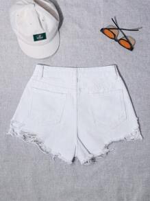 SHEIN EZwear 夏季流行實色毛邊磨破細節牛仔短褲 - 白色 - 查看 2