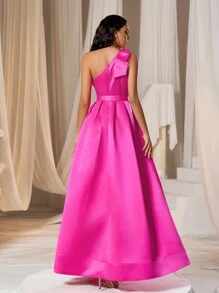 One Shoulder Plicated Detail Split Thigh Rhinestone Belted Satin Dress - Hot Pink - View 2