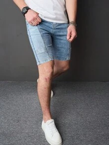 Manfinity Homme Shorts Denim Casuais Masculinos Slim-Fit Com Bolsos, Shorts Denim de Verão - Preto - Visão 3