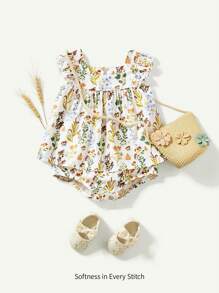 Cozy Pixies 嬰兒女孩植物花卉圖案方領荷葉邊上衣和褶邊短褲套裝 - 杏色 - 查看 1