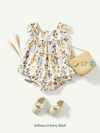 Cozy Pixies 嬰兒女孩植物花卉圖案方領荷葉邊上衣和褶邊短褲套裝