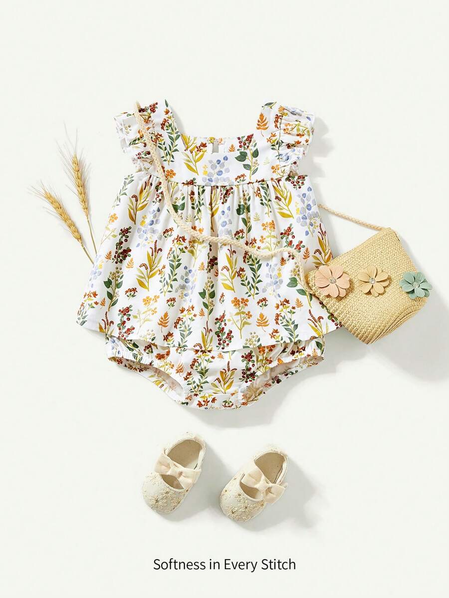 Cozy Pixies 嬰兒女孩植物花卉圖案方領荷葉邊上衣和褶邊短褲套裝 - 杏色 - 查看 1