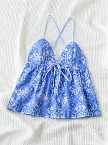 Soleia Women's Summer Romantic Countryside Style Embroidered Collar With White Flowers On Blue Background, Lace Patchwork, Front Bowknot, Strap, Open Back, Cross Design, Perfect For Afternoon Tea Party, Graduation Season