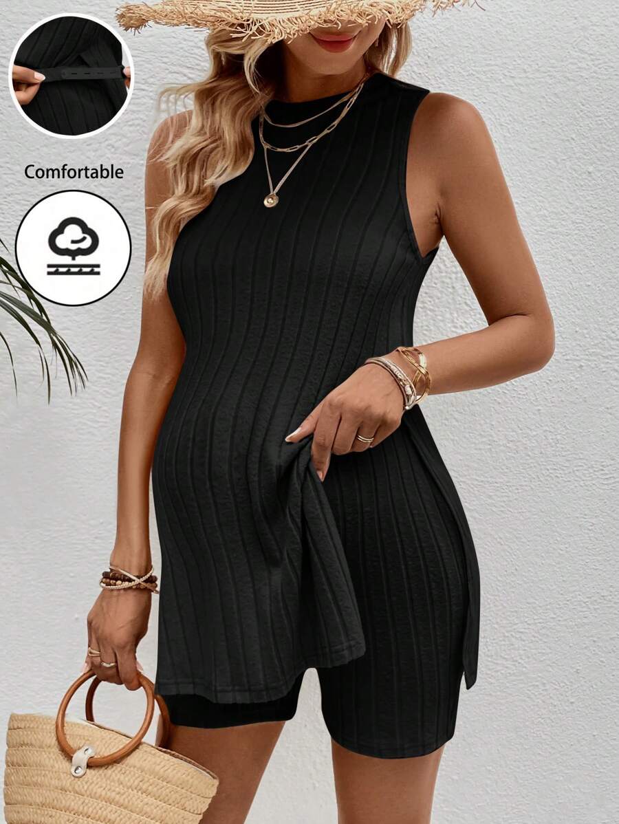 SHEIN 孕妇假日休闲纯色侧开叉背心和短裤套装 - 黑色 - 查看 1