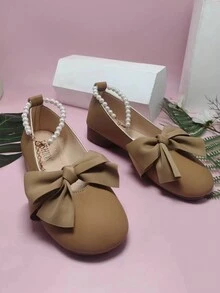 棕色圓頭瑪麗珍泵鞋，配有蝴蝶結、扣環、仿珍珠鍊，低跟，優雅的女士工作鞋 - 杏色 - 查看 4