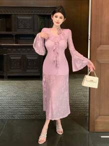 DAZY Flocked Raised Pattern V-Neck Long Sleeve Dress For Women, Autumn Sexy High Slit Dress,Ruffle