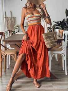 Breezaya Women's Vacation Dress Geometric Striped Contrast Color Layered Ruffle Strap Maxi Dress, Ladies Summer Beach Holiday Outfit - Orange - View 7