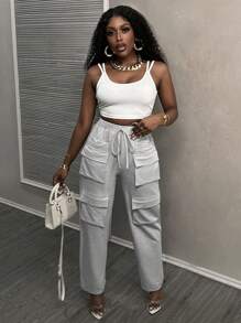 Slaydiva Pantalon décontracté d'été pour femmes avec poches 3D pour l'exercice physique - E - Gris - Voir 4