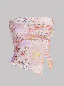 Teen Girl Colorful Pink Tiny Ditsy Floral Ruched Front Slit Crop Top With Clear Straps - Multicolor - View 1