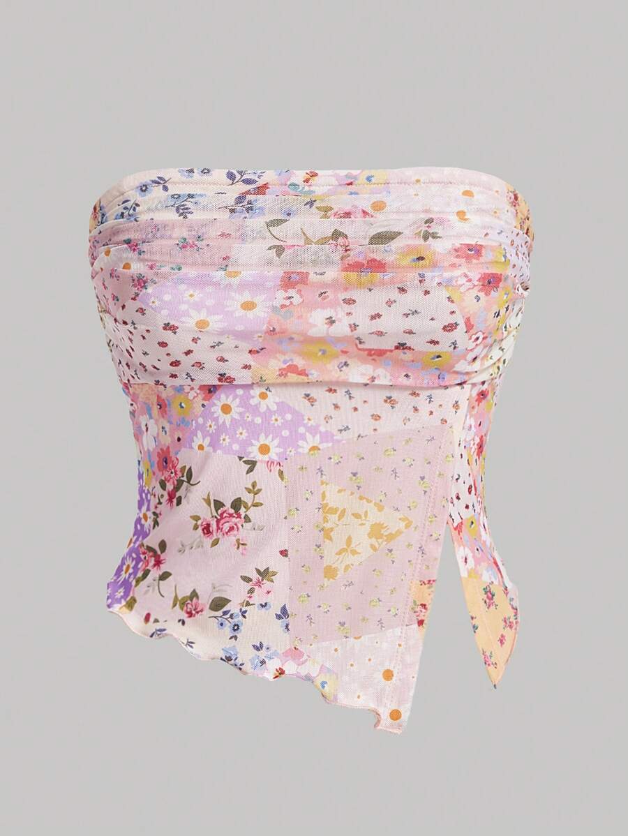 Teen Girl Colorful Pink Tiny Ditsy Floral Ruched Front Slit Crop Top With Clear Straps - Multicolor - View 1