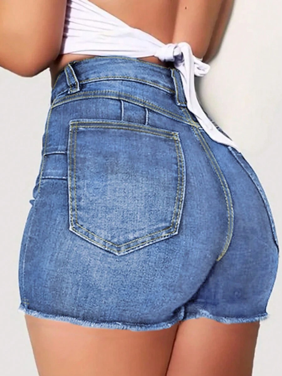 女式度假风格破洞磨边高腰性感牛仔短裤