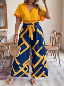 SHEIN LUNE Conjunto casual de 2 piezas para mujeres de talla grande en verano con top corto de manga murciélago y pantalones de pierna ancha a cuadros