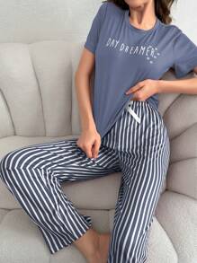 Women's Letter Printed Short Sleeve T-Shirt And Striped Pants Casual Pajama Set - Dusty Blue - View 6