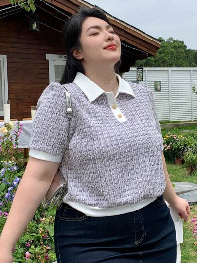 Dazy Plus Plus Size Plaid & Color Block Polo Collar Short Sleeve T-Shirt, Men, For Summer