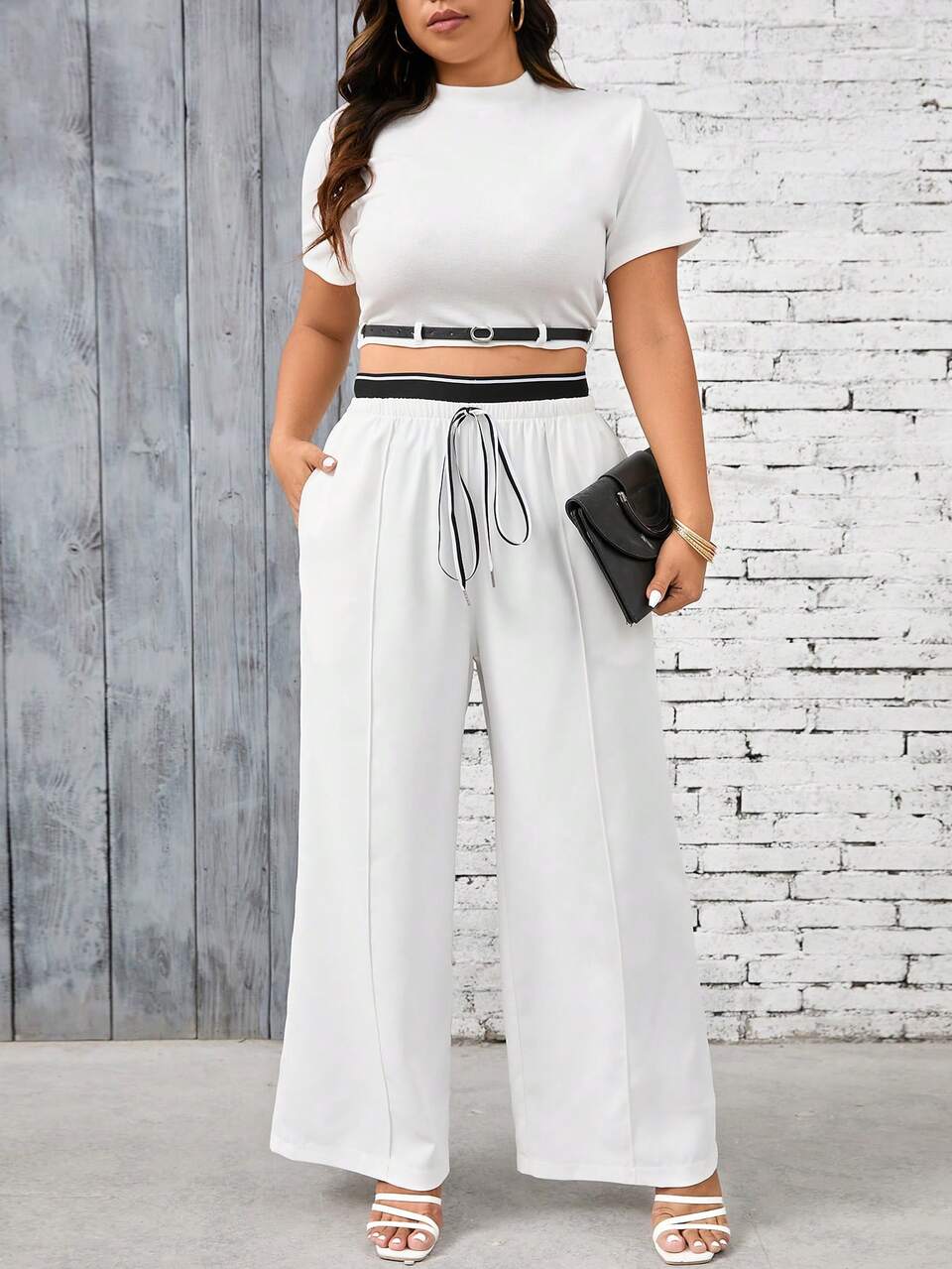 Women's Plus Size 2pcs Set: White Round Neck Short Sleeve Top With Waist Belt & White Long Pants, Fashion Casual