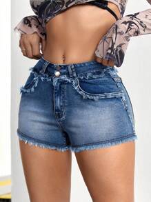 SHEIN ICON 女性鬆緊邊牛仔短褲帶口袋，夏季性感風格 - 淺色水洗藍 - 查看 6