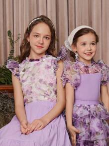 SHEIN Camisa De Organza Elegante De Patrón Floral Con Cuello De Encaje Francés Para Niñas Adolescentes Con Mangas Doble Capa Con Volantes Plisados