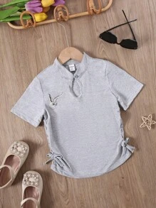 SHEIN Young Girl Simple Embroidery Stand Collar Short Sleeve T-Shirt, Summer - Grey - View 1