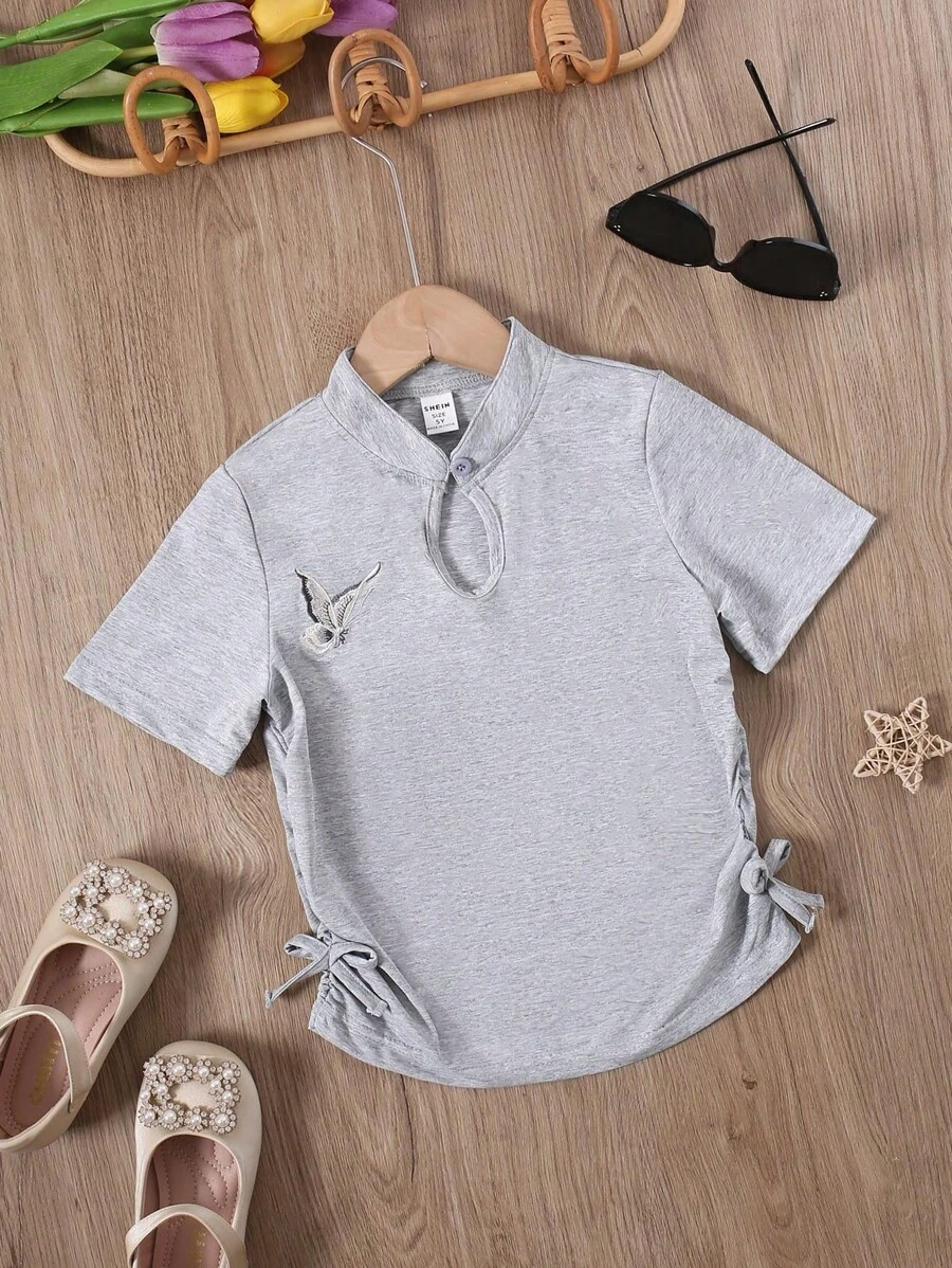 SHEIN Young Girl Simple Embroidery Stand Collar Short Sleeve T-Shirt, Summer - Grey - View 1