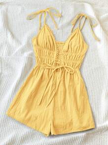 Soleia Women's Vacation-Style  Green Romper With Front & Midsection Hollow-Out Design, Strap & Casual All-Matching, Summer - Yellow - View 5