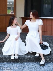 Vestido blanco para mujer con mangas abullonadas y cintura ajustada - Multicolor - Ver 4