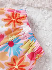 SHEIN Baby Mädchen Sommer Blumendruck Kurzarm Shirt & Shorts Mit 3d Blumen Verziertem Riemen