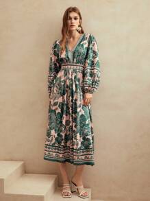 Anewsta Women's Casual Holiday Green Floral Puff Sleeve Dress - Green - View 6