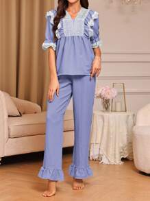 Ladies' Contrast Color Lace Patchwork Ruffle Short Sleeve Top & Solid Color Long Pants Pajama Set