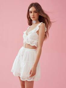 Enchnt Summer Elegant Solid Color Hollow Out Embroidery Cropped Top And Skirt Set - White - View 5