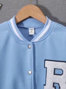 SHEIN Chaqueta casual de manga larga con cuello de béisbol para niña preadolescente con bloque de color y botón frontal