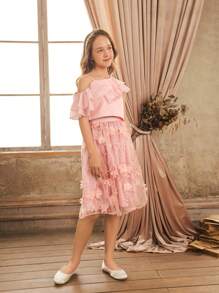 SHEIN Cô gái Vai xiên Hai lớp Trang trí lá sen Áo Với Lưới Thêu Váy Cốt lõi Hai chiếc Bộ - Hồng - Xem 3