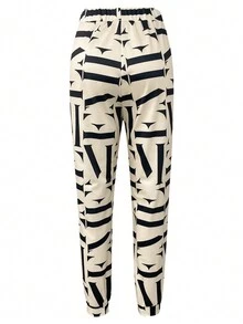 2pcs Women Allover Print V-Neck Long Sleeve Top And Drawstring Waist Slimming Casual Pants Set, Lightweight Suitable For Spring, Summer, Autumn - Apricot - View 8