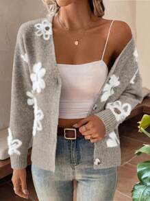 EMERY ROSE Cardigan quotidien simple à imprimé floral pour dames à la mode - Kaki - Voir 4