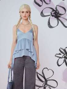 SHEINNeu Women's Summer Fashion Solid Color Asymmetrical Hem Ruffle Trim Camisole Top - Dusty Blue - View 6