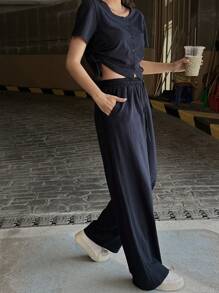DAZY Women's Solid Color Round Neck Short Sleeve Top With Front Buttons And Pocketed Long Pants, Casual Summer Two-Piece Set - Grey - View 7