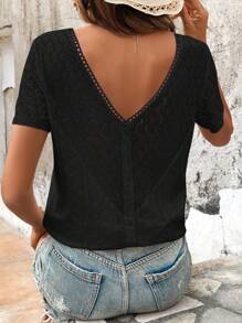 SHEIN Frenchy Women's Summer Solid Color V-Neck Contrast Lace Short Sleeve Casual T-Shirt Black - Black - View 4