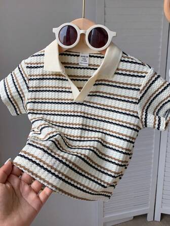 SHEIN LMoss Kids Baby Boy Cute Casual Textured Striped Polo Short Sleeve Top, Suitable For Summer Home/Outdoor/Travel Wear
