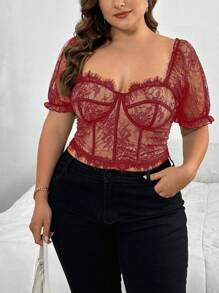 SHEIN Privé Plus Size Elegant Delicate Lace Cup Color-Block Bustier Women's Top - Red - View 1