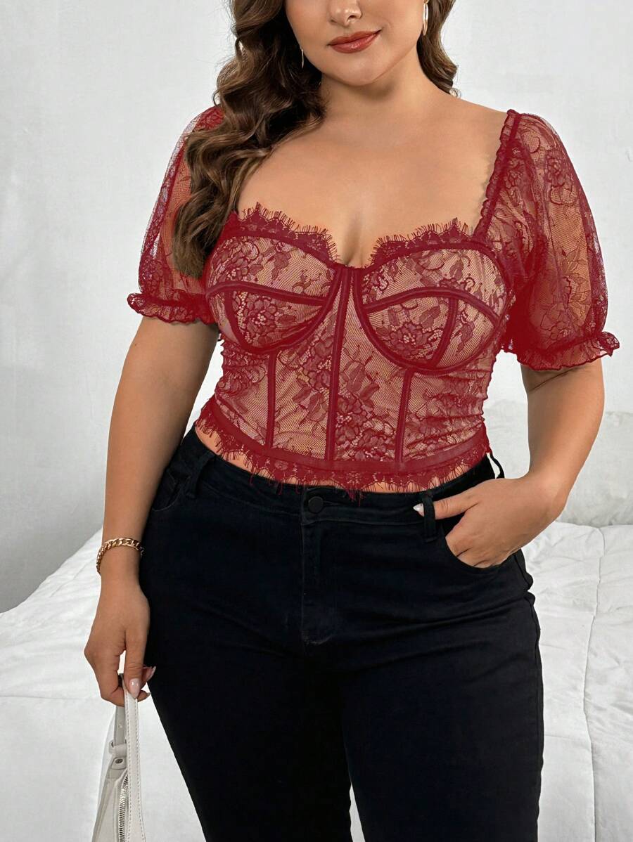 SHEIN Privé Plus Size Elegant Delicate Lace Cup Color-Block Bustier Women's Top - Red - View 1