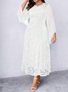 Plus Size Lace Patchwork Flare Sleeve Dress Maxi Women Outfit Fall Cloth For Women - White - View 5