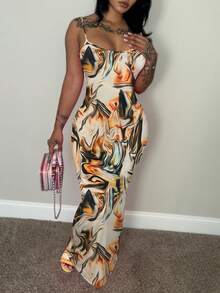 LovelyWholesale 女士优雅派对混色印花修身吊带及踝连衣裙 夏季度假连衣裙