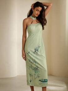 Aveloria Rosie Nouvelle robe sans manches col en halter avec perles imprimé style chinois