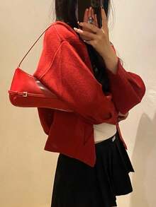 1 件红色女士时尚手提包，法式复古风格，单肩包，新月形和新法棍形状，适合约会和休闲场合 - 紅色 - 查看 7