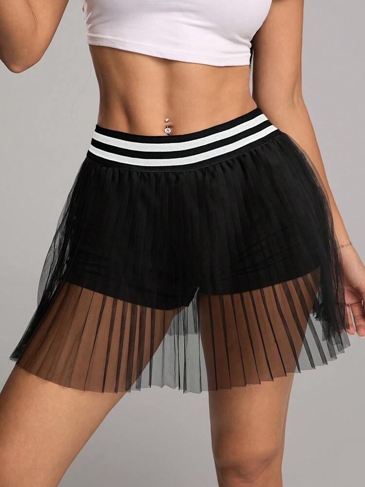 Women's Summer Fashion Contrast Color Striped See-Through Mesh Contrast Skirt Shorts