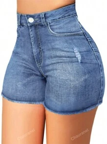 Women's Vacation-Style Distressed Frayed Hem High Waist Sexy Denim Shorts