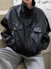 DAZY Flap Pocket Drop Shoulder PU Leather Jacket Winter - Black - View 8