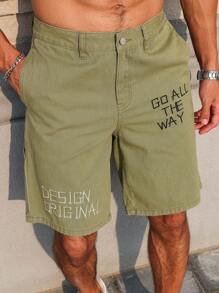 Manfinity Homme 男士字母印花百慕大丹寧短褲，附口袋，休閒風格 - 軍綠色 - 查看 8