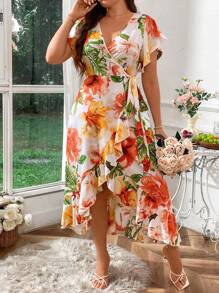 Celure Plus Size Cổ Chữ V Tay Ngắn Bất Đối Xứng Viền Thắt Eo In Hình Váy Lãng Mạn - Nhiều màu - Xem 6