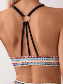 SHEIN Swim Women's Summer Beach Colorful Striped Woven Strap Halter Bikini Set - Multicolor - View 4