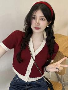 V 领撞色边休闲短袖针织上衣，夏季 - 紅色 - 查看 5